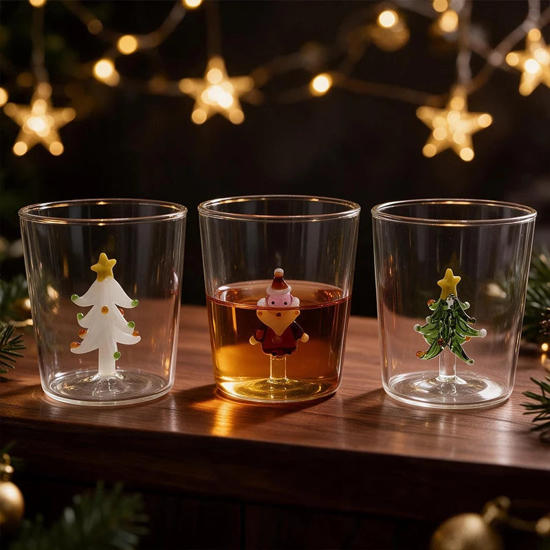 YWDL Christmas Glass Cup 300ml 3D Handmade Glass Figurine Inside Borosilicate Tumbler Xmas Tree Santa Drinking Gift Home Decor Quake