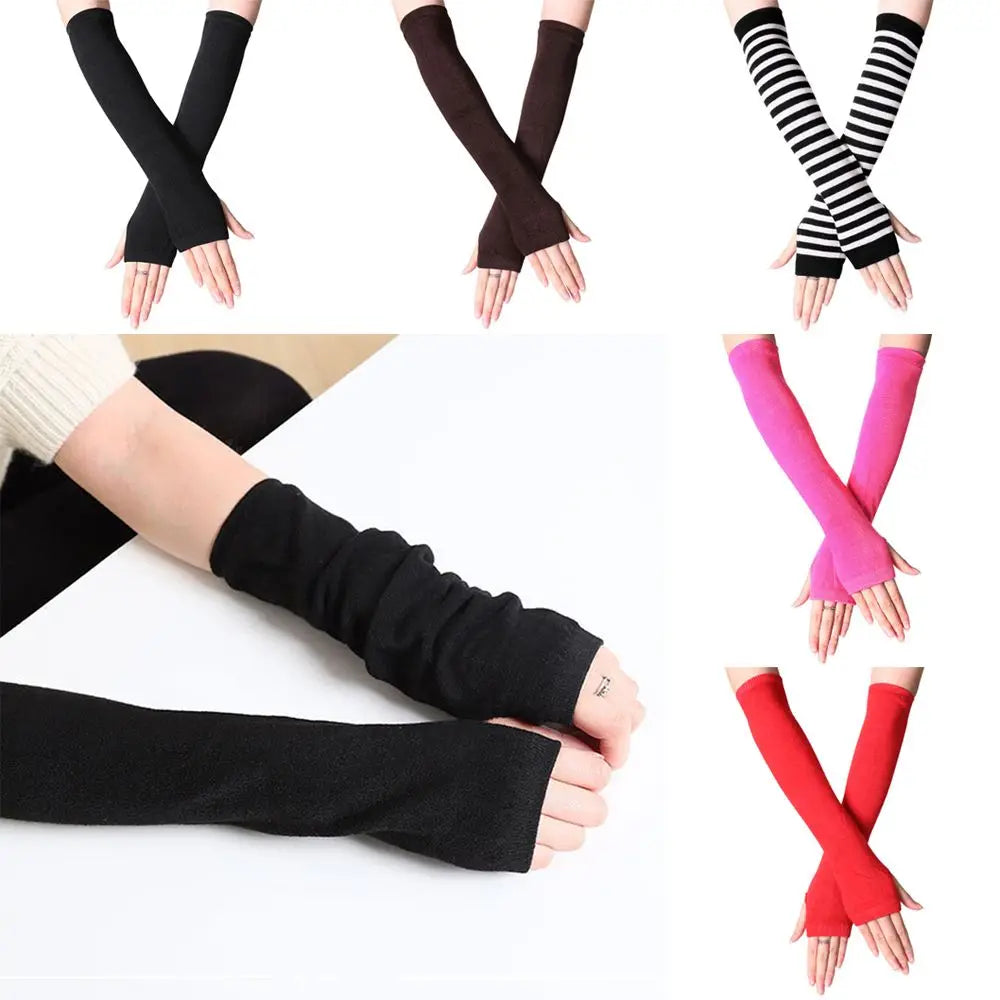 Striped Cotton Long Sleeve Fingerless Long Gloves Handschoenen Wristband Arm Warmer Elbow Mittens Quake