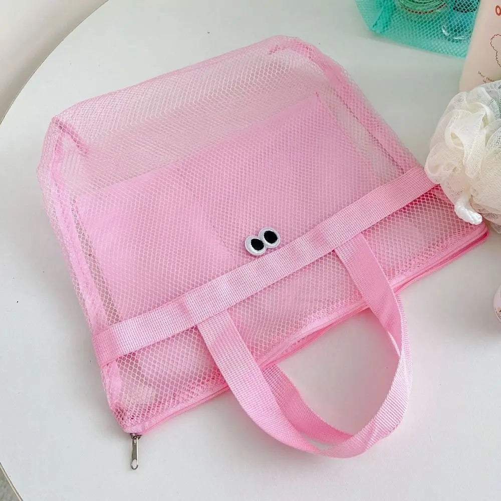 Portable Large Capacity Mesh Wash Bag Breathable Foldable Beach Handbags Cute Swimming Storage Bag Quake