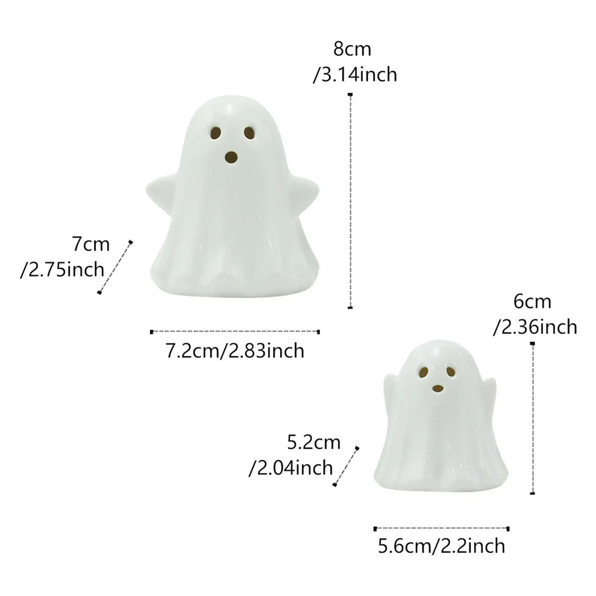 2Pcs Ceramic Ghost Small White Ghost Figurines Tabletop Ornaments Spooky Props Scary Light up for Bookshelf Home Room Kitchen Quake