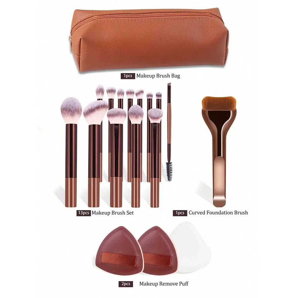 17pcs Professional Soft Long Aluminum Makeup Brush Set, Including Foundation Brush, Eyeshadow Brush, Eyebrow Brush, Blending Quake