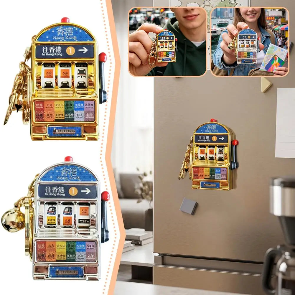 Creative HK Tiger Fridge Magnet Keychain Slot Machine Style Souvenir Key Ring Interactive Pull Lever Spin Light Sound Gift Quake