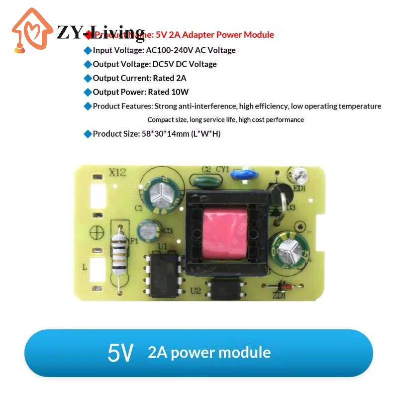 1Pcs Step-Down Power Supply Board 5V 2A Adapter AC220V To DC 5V Switching Power Supply Module Quake