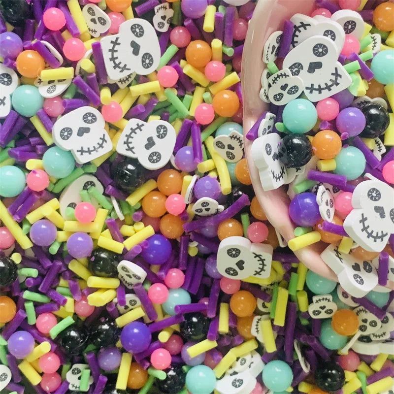 50g Halloween white Skull Slices Polymer Hot Clay mixed Ball Sprinkles Red Ball for Crafts DIY Slime Filling Accessories Quake