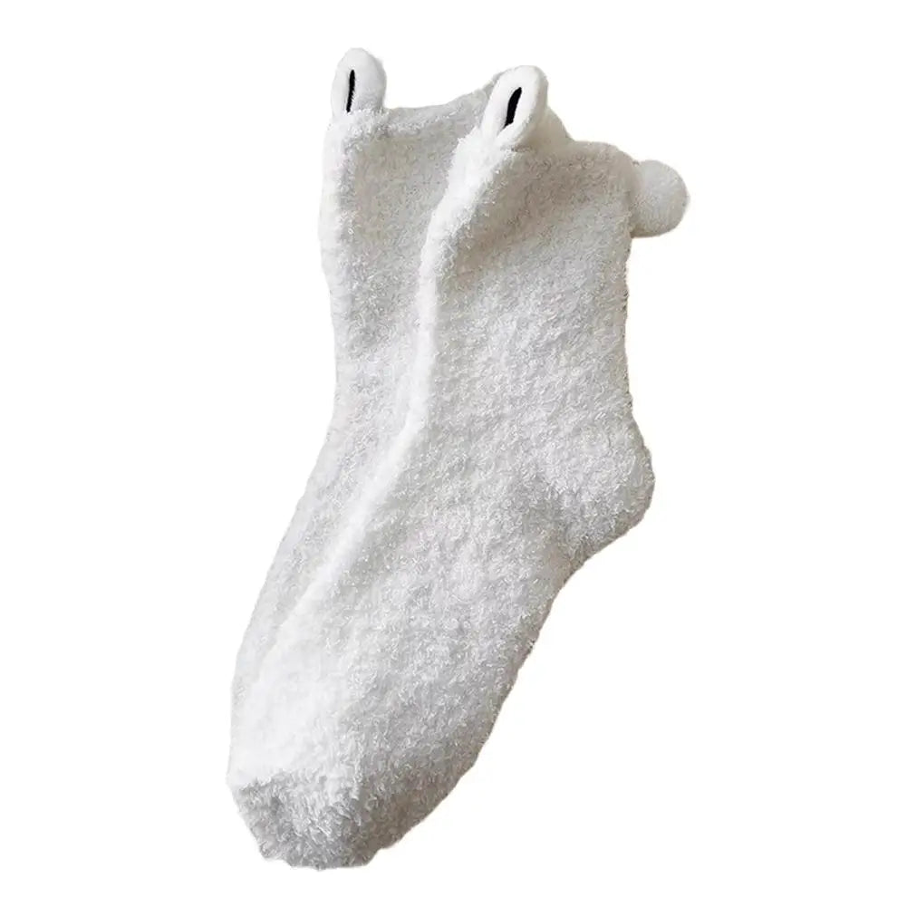 Women's Cartoon Cute Soft Three-dimensional Cute Rabbit Ears Coral Velvet Mid-tube Winter Thicken Lolita Home Warm Sleeping Sock Quake White