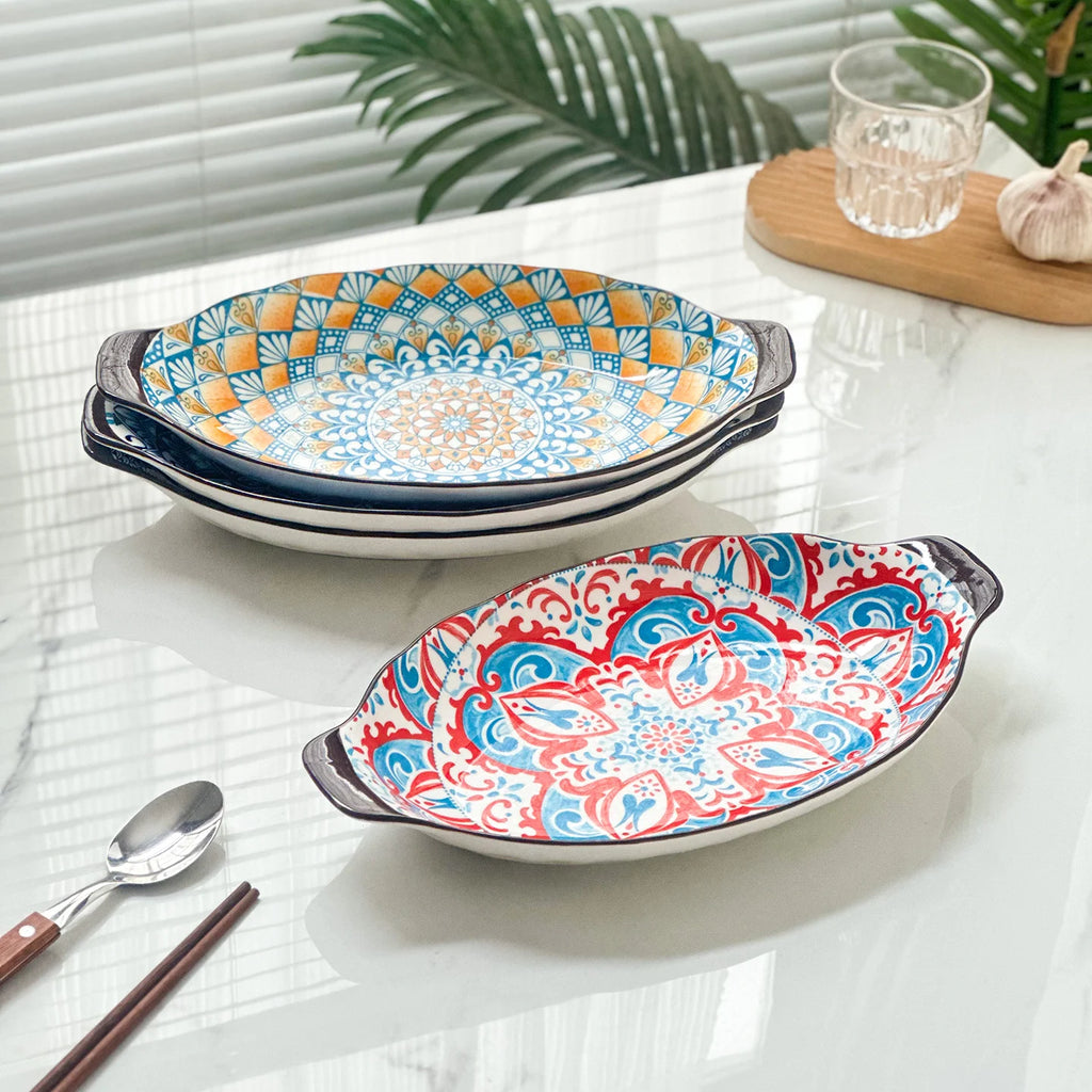 1-Piece 13-Inch Bohemian Double-Handle Ceramic Deep Plate-Ceramic Fish Steaming Plate-Perfect for Fish, Lobster & Seafood Quake