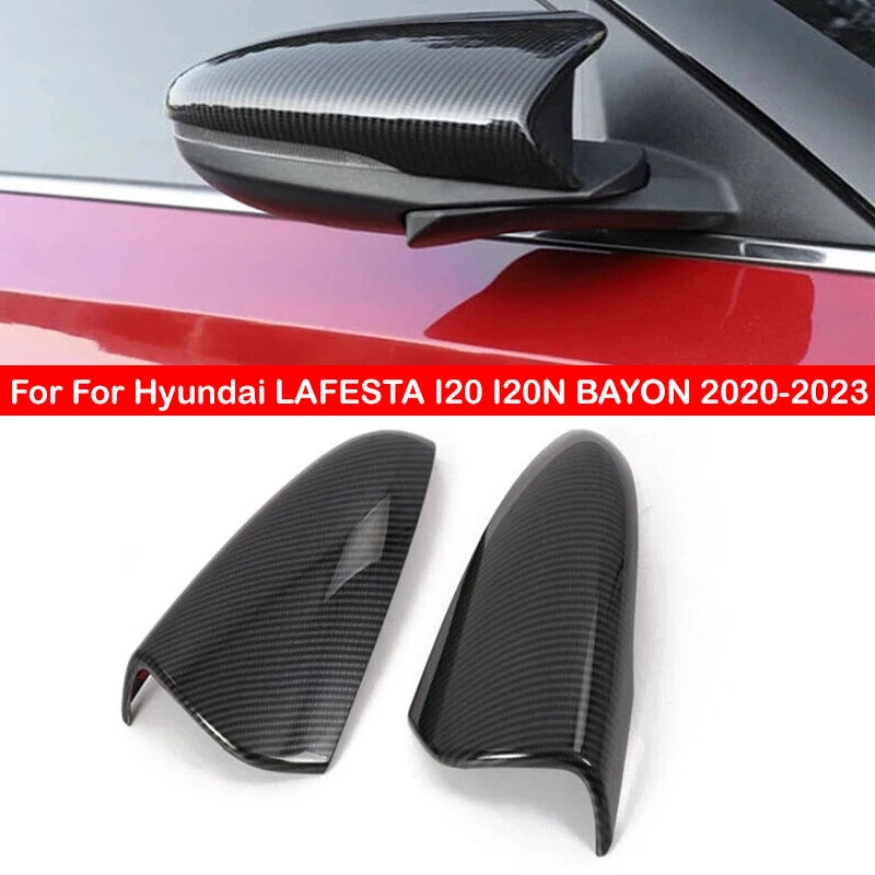 Carbon Fiber Look Horn Style Side Mirror Cover Overlay Cap For Hyundai i20 i20N Bayon Lafesta 2020-2023 Stick On Pair Quake