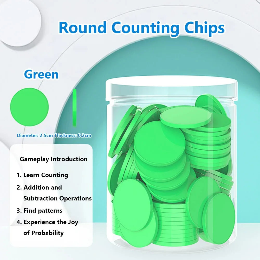 100pcs Plastic Counting Chips Addition Subtraction Operation Board Games Tokens Counting Toy Colored Round Teaching Tool Quake Green