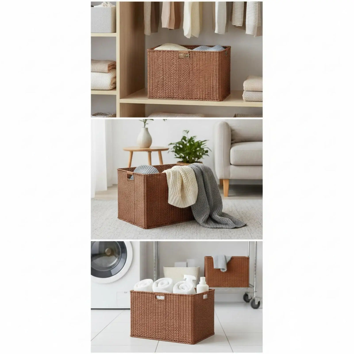 Woven Laundry Hamper No Assembly Required Rectangular Woven Basket with Steel Frame for Closet, Bedroom, Moving Quake