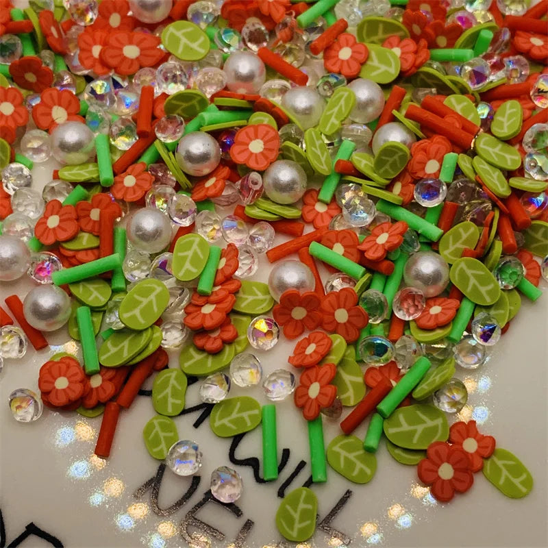 100g Simulation leaves Red flower Clay Slices Romantic Themed Fake Diamond Mixed Sprinkles Slime Crafts Filling Quake