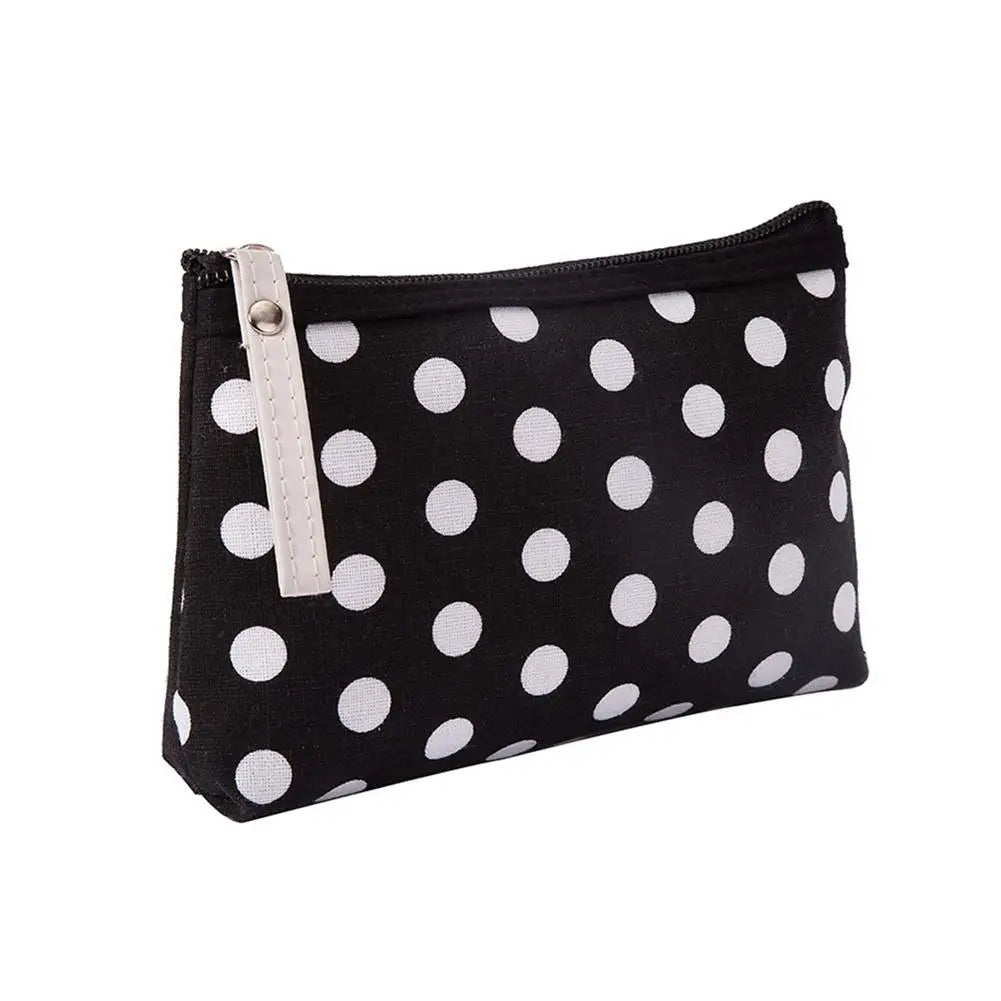 Portable Small Cute Polka Dot Canvas Makeup Bag for Women Girls Simple Travel Lipsticks Organizer Cosmetic Pouch with Zipper Quake Black