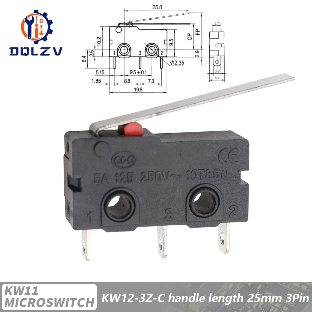 5A 125V250V KW12 Travel Limit Switch KW11-3Z-2 With Handle 16mm Contact Button Micro switch KW12-N 2Pin/3Pin KW12-A NO/NC Quake Lever 25MM 15PCS