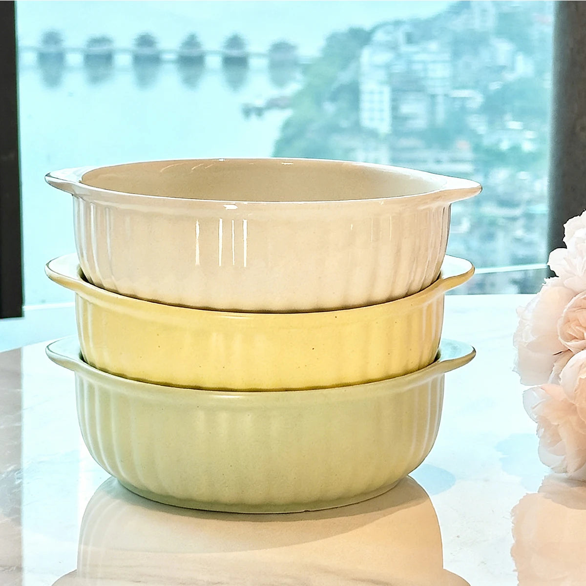 One Double-Ear Ceramic Bowl, Oven, Microwave and Dishwasher Safe. Tableware & Kitchen Utensils for Salad, Pasta Quake