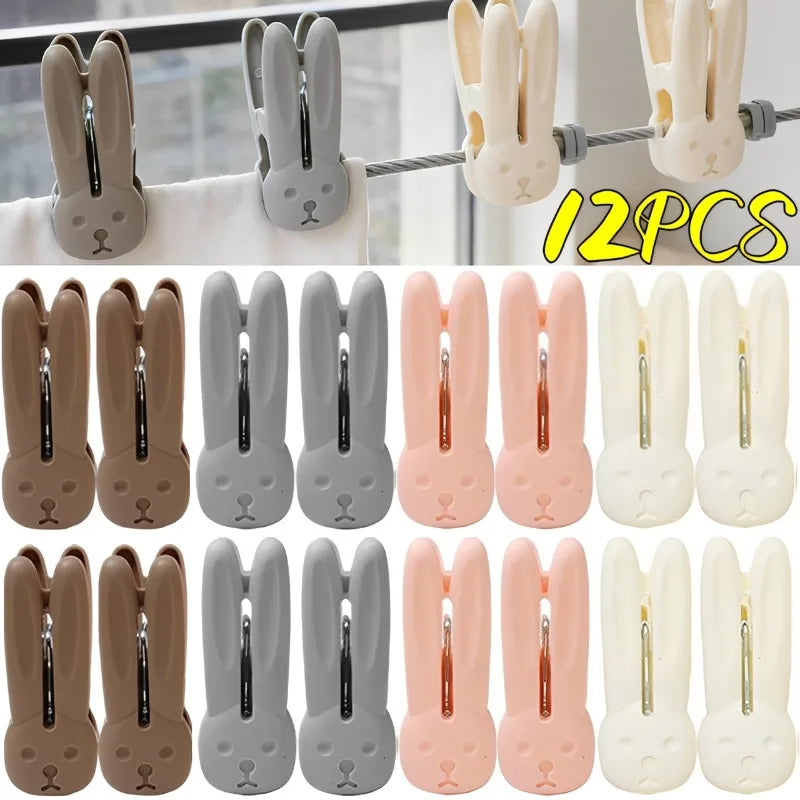 12PCS Windproof Clothes Socks Laundry Clips Cartoon Rabbit Plastic Clothesline Clip Multi-functional Household Storage Clips Quake