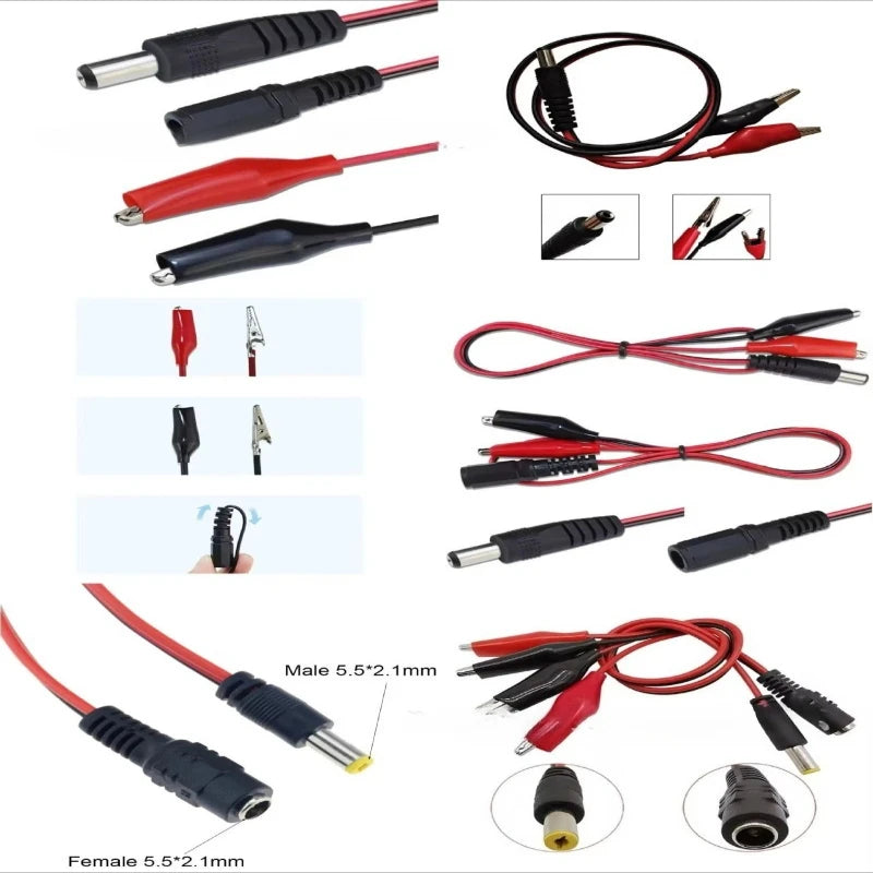 1/3PCS 20AWG Alligator Crocodile Clip To DC 5.5*2.1mm Male‑Female Connector Wire Low‑Voltage Power Supply Test Adapter Lead Quake