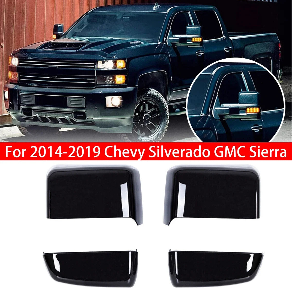 For 2014-2019 Chevy Silverado GMC Sierra Replacement Car Rearview Side Mirror Cover Wing Cap Exterior Door Case Trim Black Auto Quake