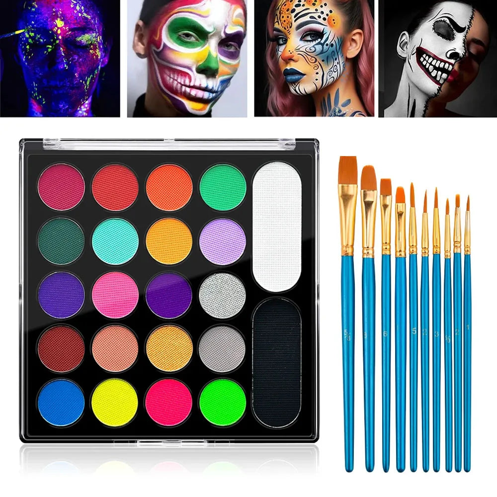 22 Color Face Body Painting Kit for Kids Adults,Face Paint Makeup Palette with Brush,Halloween Carnival Artist Cosplay Art Party Quake with 10Brush