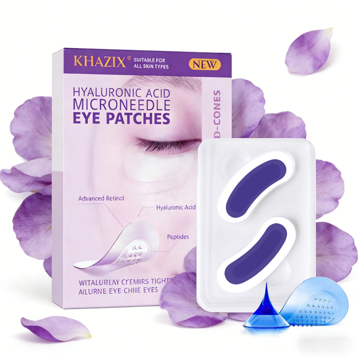 Anti-Wrinkle Retinol Microneedle Eye Patches, Hyaluronic Acid & Peptides, for Crow's Feet Forehead Smile Lines, 1Pair. Quake PURPLE