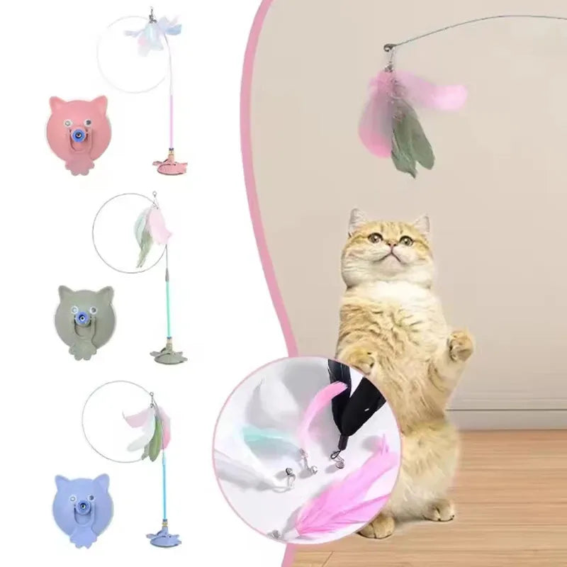 Pet Teasing Cat Stick Feather Wand With Bell - Interactive Suction Cup Toy for Kittens and Cats, Fun Playing Accessories to Enga Quake