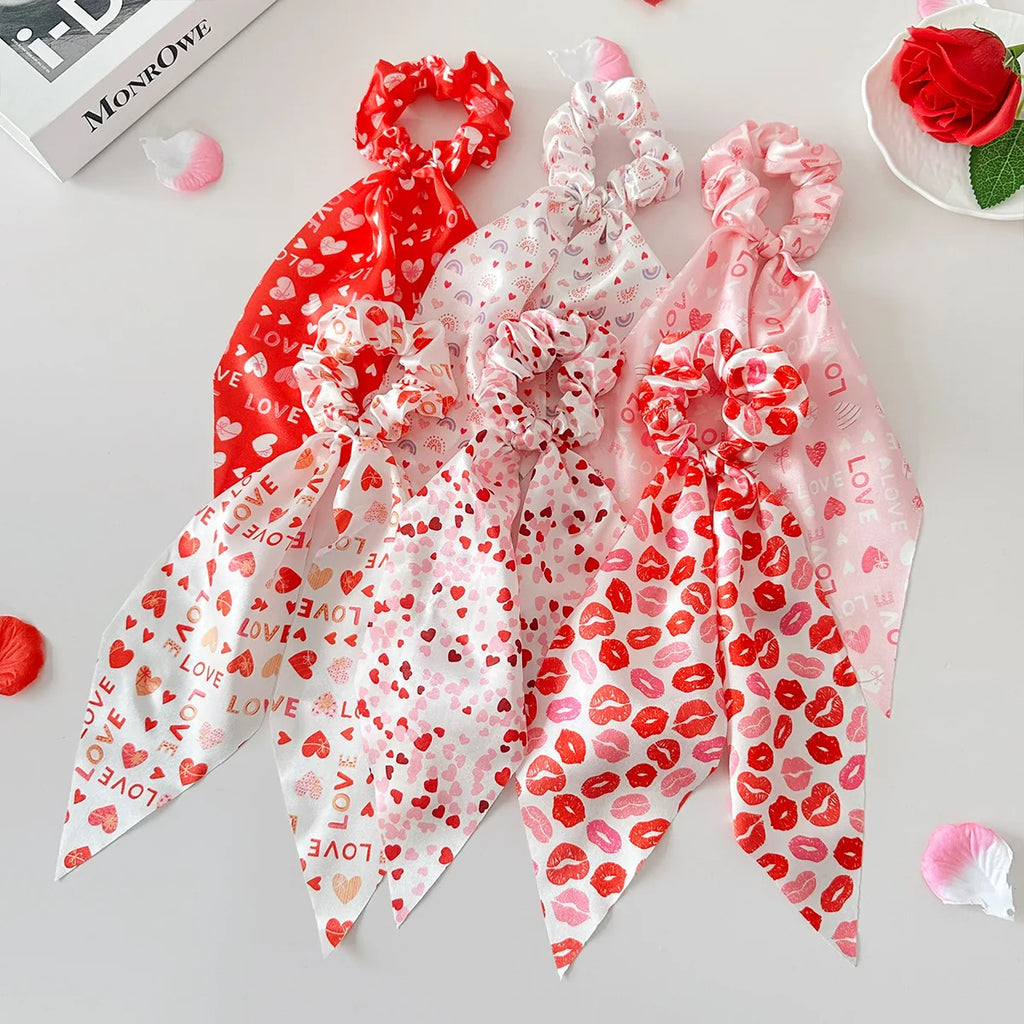 Chiffon Silk Floral Bow Hair Scrunchies Valentine's Day Women Hair Ropes Ties Elastic Rubber Bands Ponytail Holder Accessories Quake