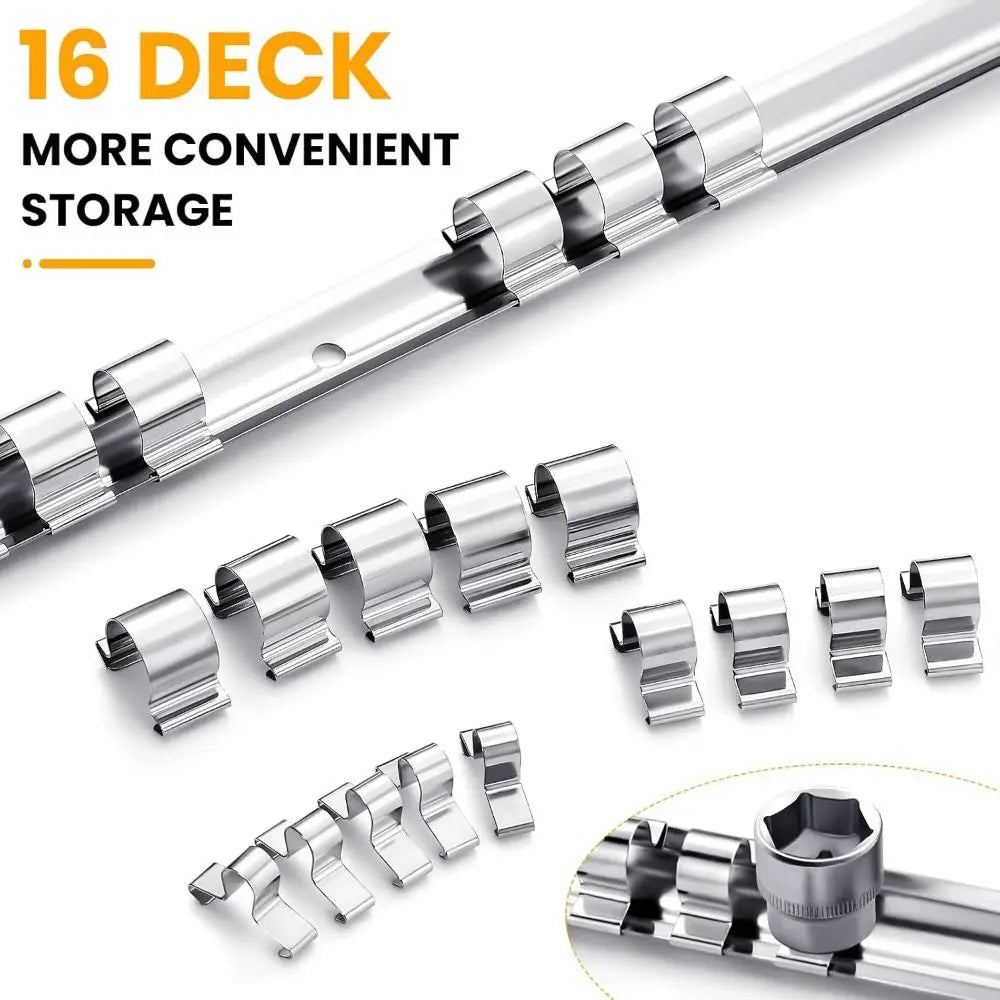 New 1/4 3/8 1/2 Inch Socket Storage Rack Stainless Steel With 16 Clips Socket Rack Socket Holder Quake
