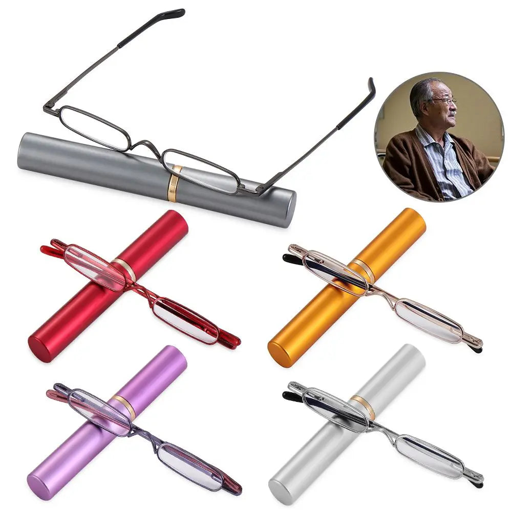 Compact Spring Hinged Men Women Eyeglasses Readers with Pen Clip Tube Case Slim Pen Reading Glasses Slim Reading Glasses Quake