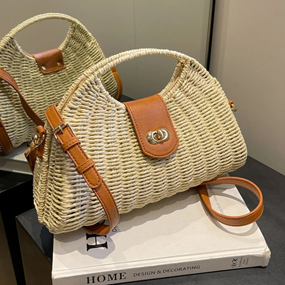 Women Hand-Woven Bag Summer Woven Shell Female Tote Bag Handmade Fashion Holiday Casual Simple Elegant Lady Straw Bag Quake Beige