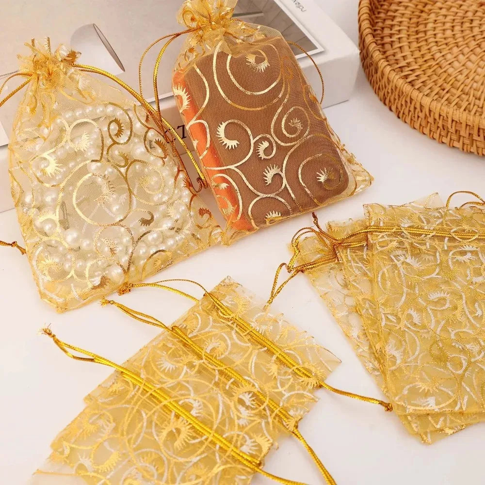 Golden Mesh Drawstring Bag Organza Gift Candy Bags Rattan Printed Jewelry Storage Bag Christmas Wedding Party Favors Pouches Quake