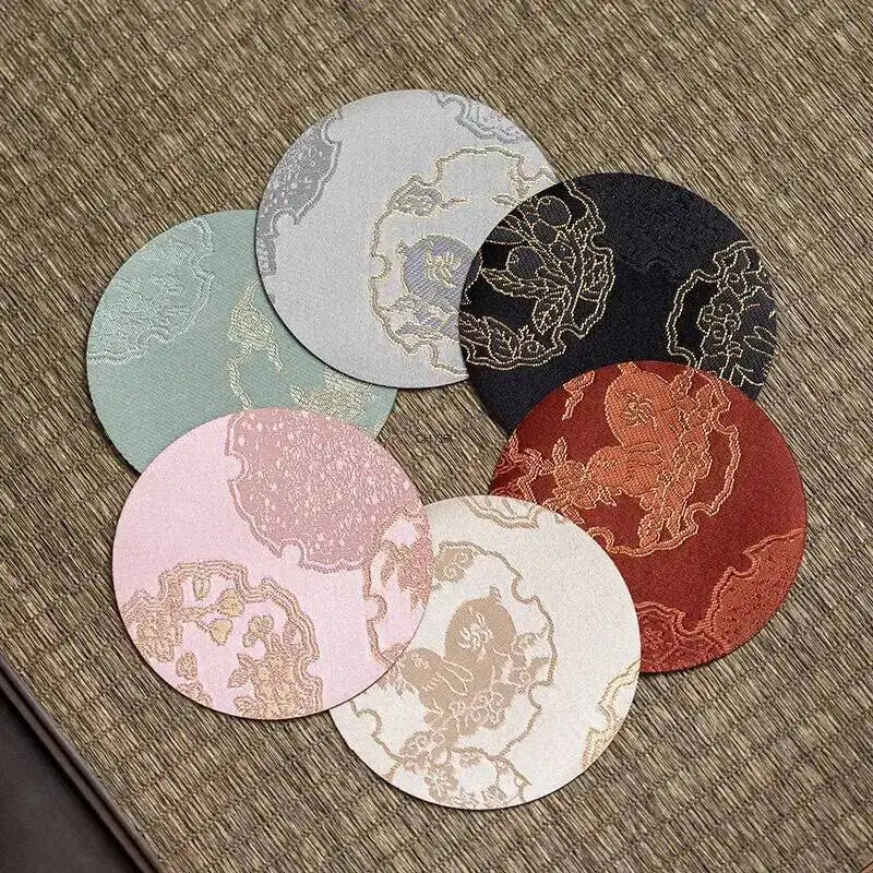 Chinese Tea Set Brocade Coaster Double-Sided Cup Mat Fabric Round Heat Insulation Mat Teapot Mat Diameter 8cm Traditional Quake