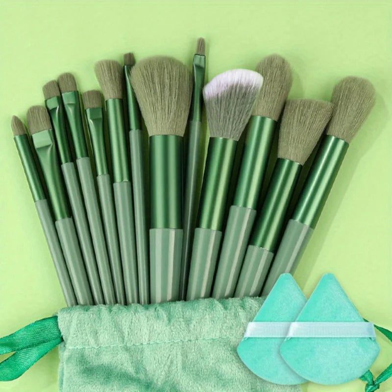 Makeup Brushes Set 13Pcs Premium Synthetic Brush Foundation Powder Blending Concealer Eyeshadow Blush Cosmetics Brushes Travel Quake GREEN with bag