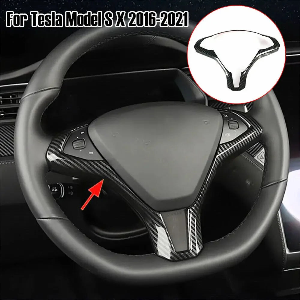For Tesla Model X and Model S 2016-2021 ABS Carbon Fiber Style Inner Car Steering Wheel Panel Cover Trim Frame Decor Silver ABS Quake