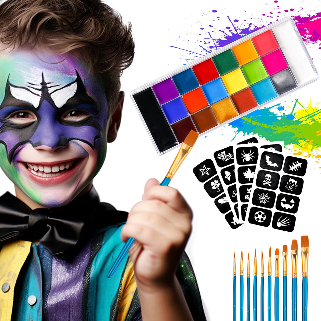 20 Colors Face Body Oil Paint Makeup Set Pigment Non Toxic Kids Flash Tattoo Painting with Brush Art Halloween Cosplay Party Quake