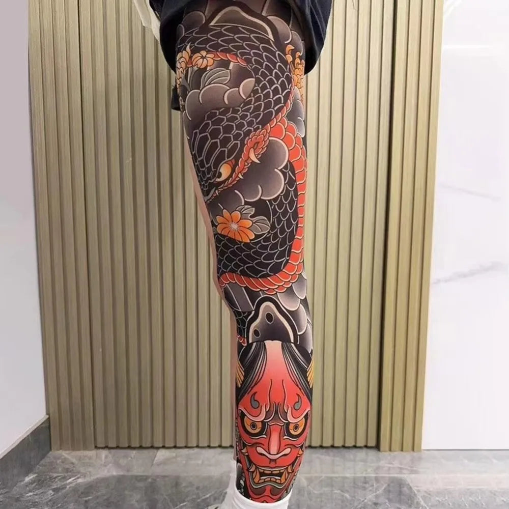 Full Leg Fake Tattoo Socks Printed Tights Cycling Fishing Elastic Socks Sun-proof Cool Personalized Driving Sexy Stockings Quake One Size 4