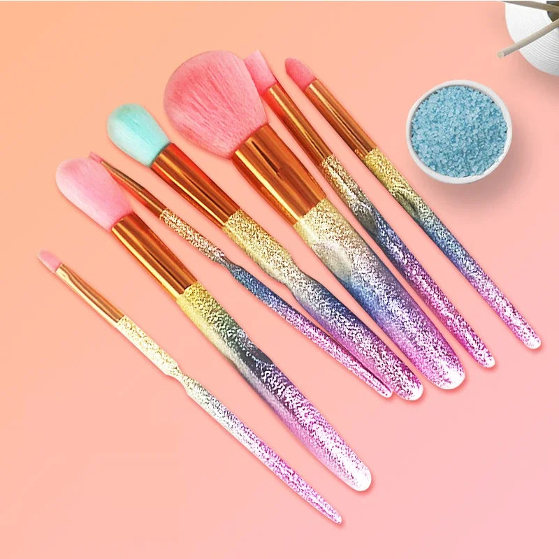 7Pcs Rainbow Glitter Makeup Brushes Set Portable Powder Blush Blending Eyeshadow Brush Kit Unicorn Cosmetic tool with Box Quake
