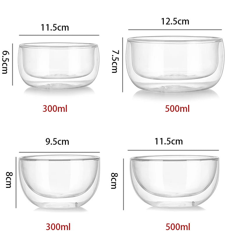 YWDL 300/500ml Clear Double Layer Glass Bowl Heat-resistant Fruit Salad Bowl Kitchen Glassware For Soup Cereal Dessert Bowls Quake