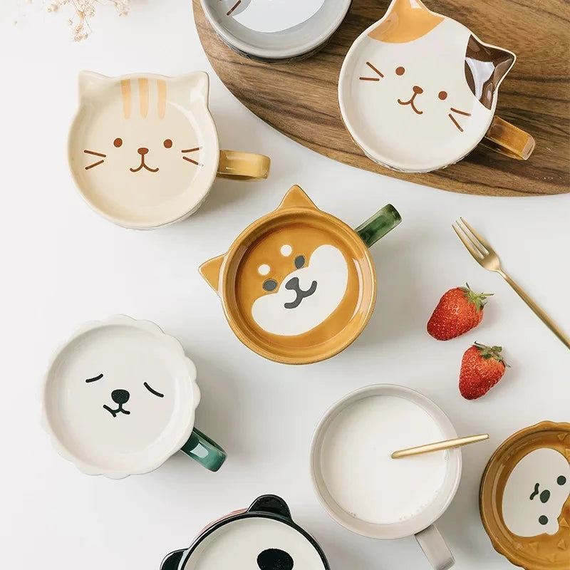 YWDL Japanese Cartoon Cat Coffee Mug With Animal Cat Pattern Lid Small Dish Cute Breakfast Cup Creative Coffee Cup Milk Cup Gift Quake