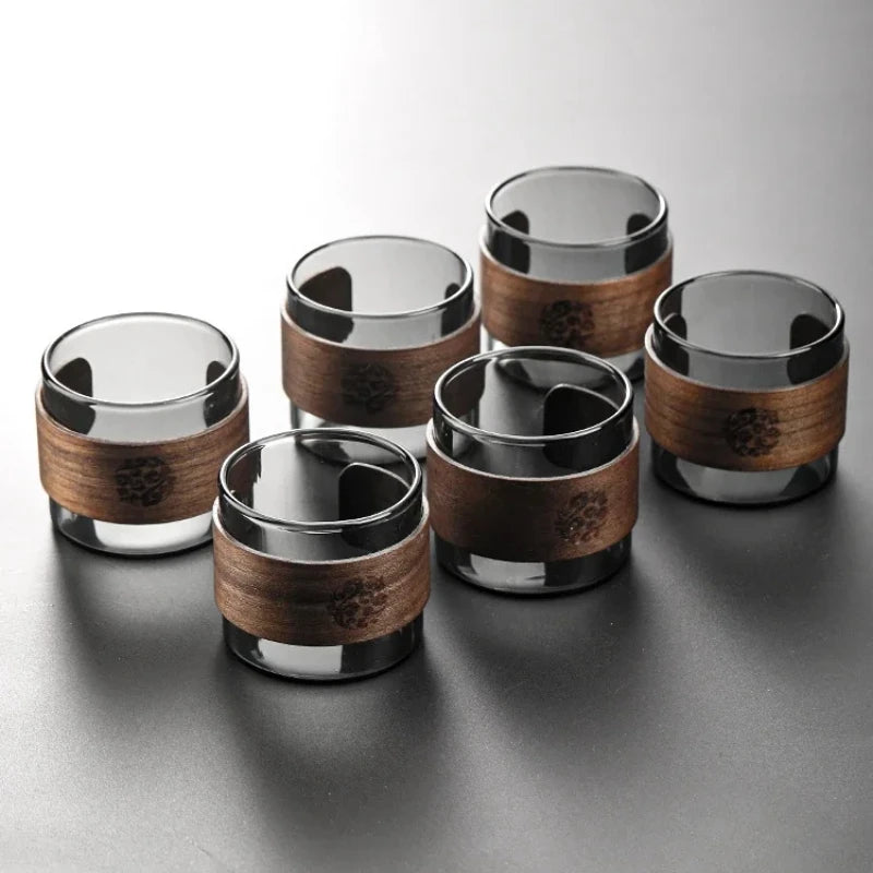 Thickened Glass Tea Cup with Wooden Ring Heat-resistant and Heat-resistant Water Cup Master Cup Household Glass Cup Coffee Cup Quake
