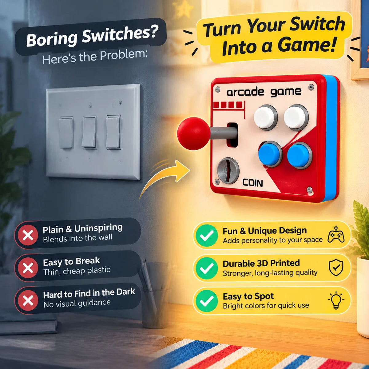 1/2PCS Retro Arcade Joystick Style 3D Printed Light Switch Cover 86 Type Wall Plate Game Room Decor Gamer Single Control Panel Quake
