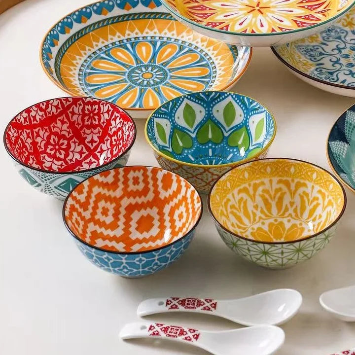 16-Piece Bohemian Ceramic Dinnerware Set for 4 People Plate Bowl Spoon Dish Kitchen Restaurant Tableware Quake