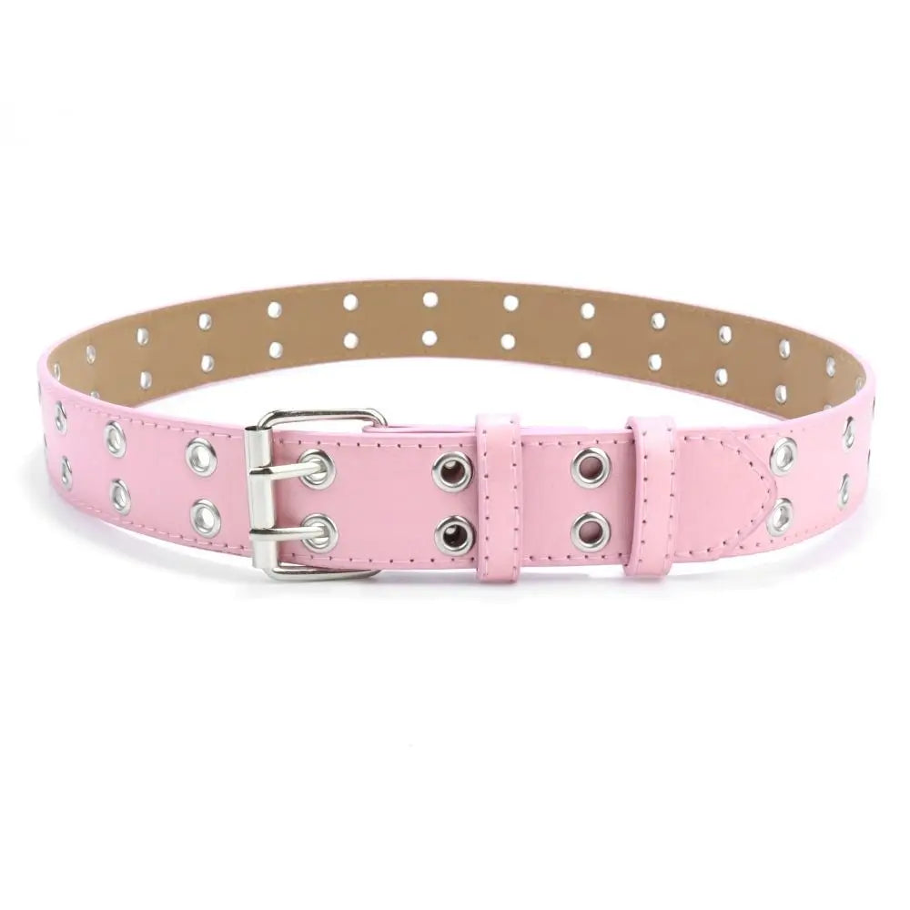 Fashion Punk Waistband PU Leather Double Holes Waist Strap Metal Pin Buckle Solid Color Decoration Belt Children Quake pink