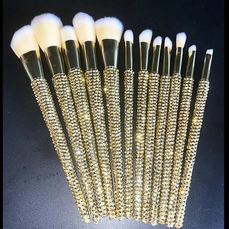 Diamond-studded Makeup Brushes 12Pcs/set Gems Makeup Beauty Tools Full Diamond Loose Powder Foundation Concealer Brush Bling Quake