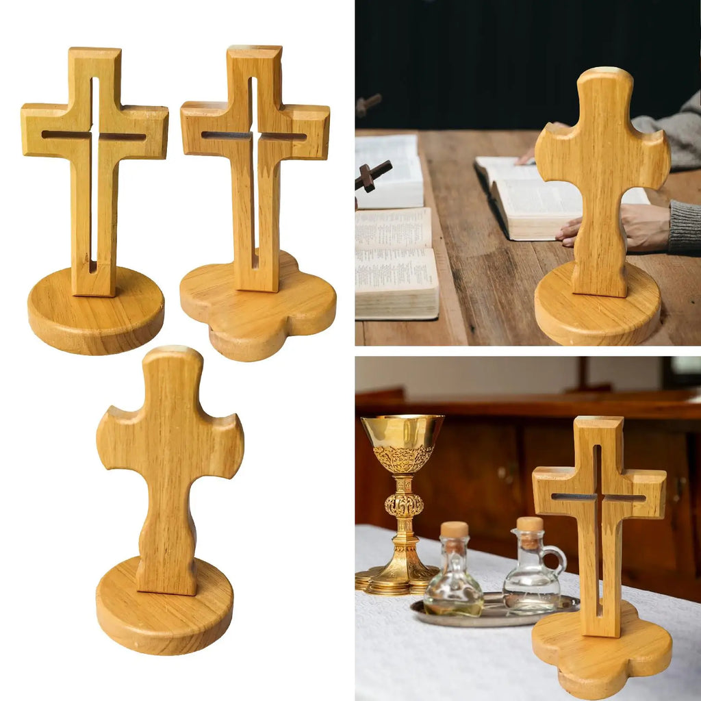 Wooden Standing Cross Centerpiece Rustic Art Ornament for Desk and Table in Modern Home Decoration Quake