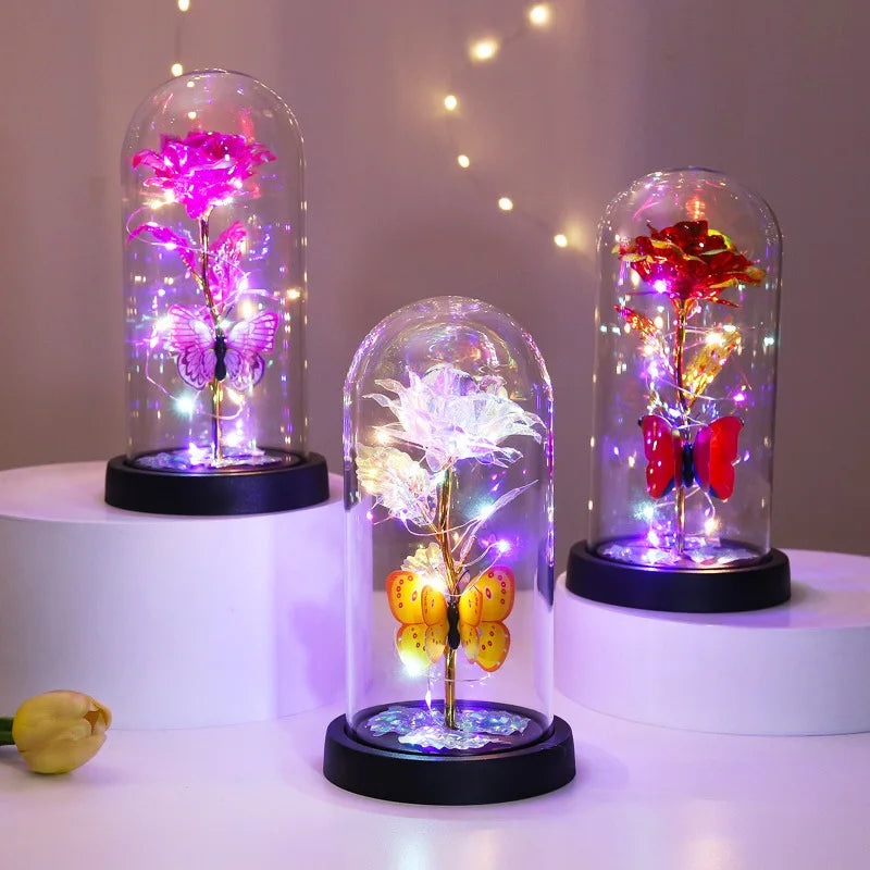 Glass Cover Rose Immortality Flower with Lamp Qixi Valentine's Day Gift Creative Decoration Decorations Quake