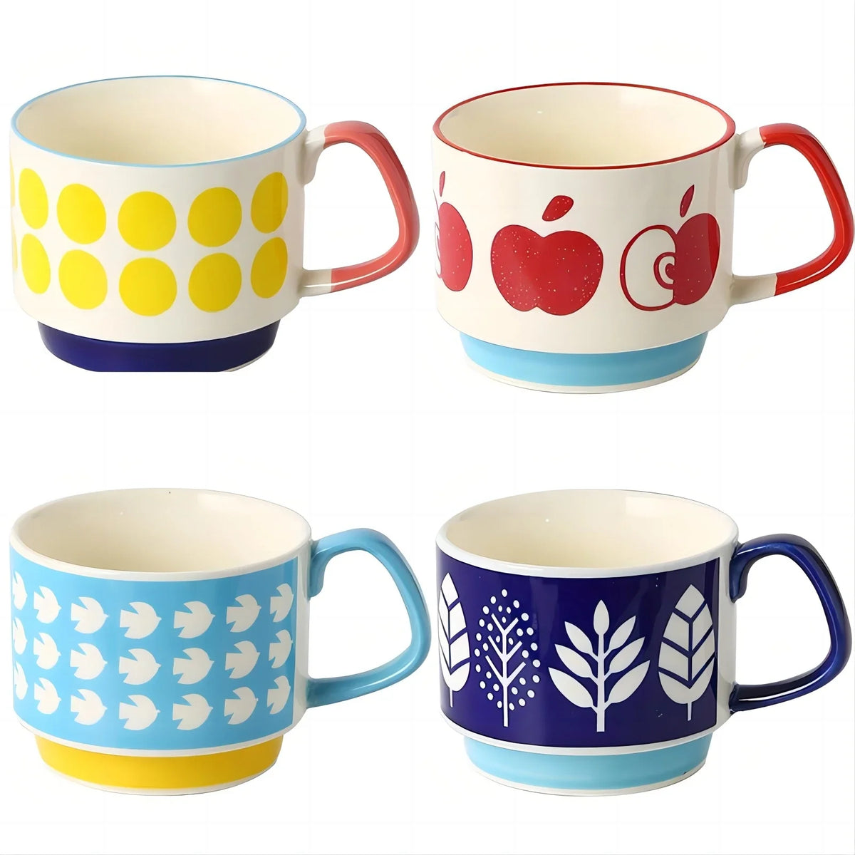 4pcs Set Ceramic Ear Hanging Coffee Mug Underglaze Colored Breakfast Milk Oatmeal Cup Japanese Retro Style Lovers Mug Stackable Quake