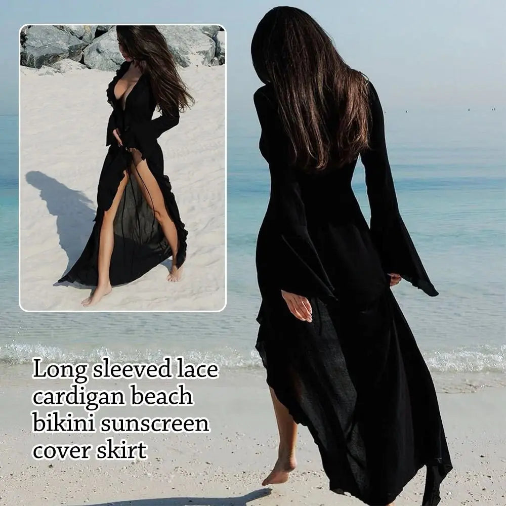 Fashion V Neck Summer Beach Cover Up Ruffled Loose Beach Dress Long Sleeve Vacation Bikini Sunscreen Smock for Women Quake