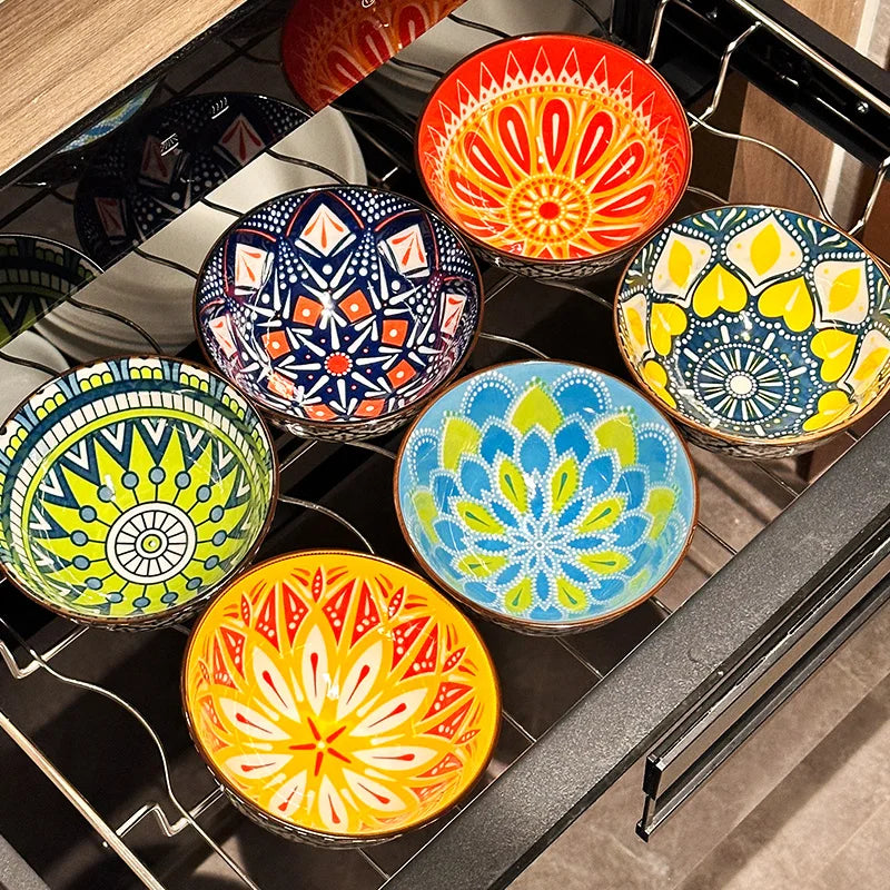 6-Piece Handmade Bohemian Ceramic Bowls Set 4.72 Inch Microwave And Dishwasher Safe for Cereal Ice Cream Pasta Optional Gift Box Quake