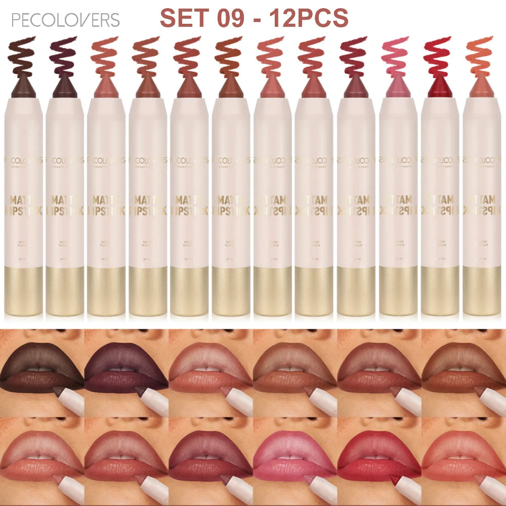 12 Pcs Matte Long-lasting Lipliner Set, Crayon Nib Design Lip Line Lipstick Dual Use, High Color Rendering, Matte Non-stick Quake SET 09