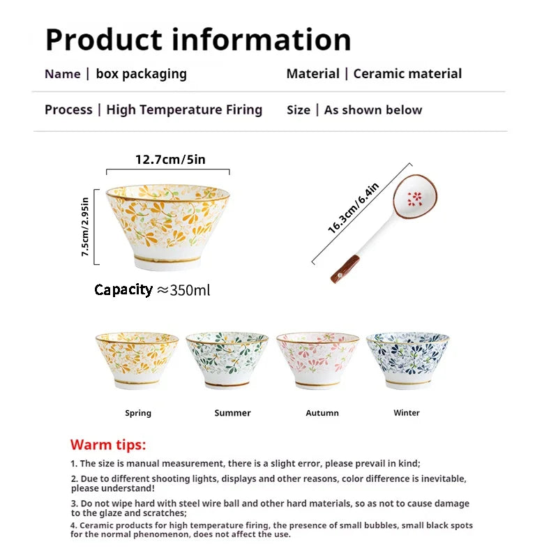 Ceramic Hat-shaped Bowl Spoon Set，Four Seasons Floral Pattern，Oven Microwave Safe, Noodles Salad Soup Dessert Hot Pot Picnic BBQ Quake