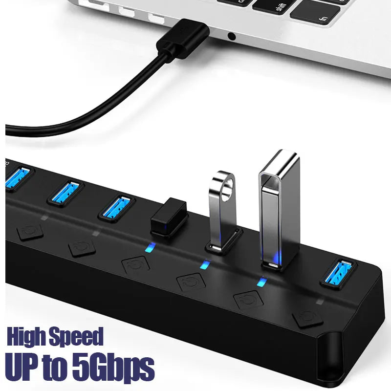USB 3.0 Hub Multi USB Splitter Hub Use Power Adapter 4/7 Port Multiple Expander USB 3.0 Hub with Switch 30CM Cable Quake