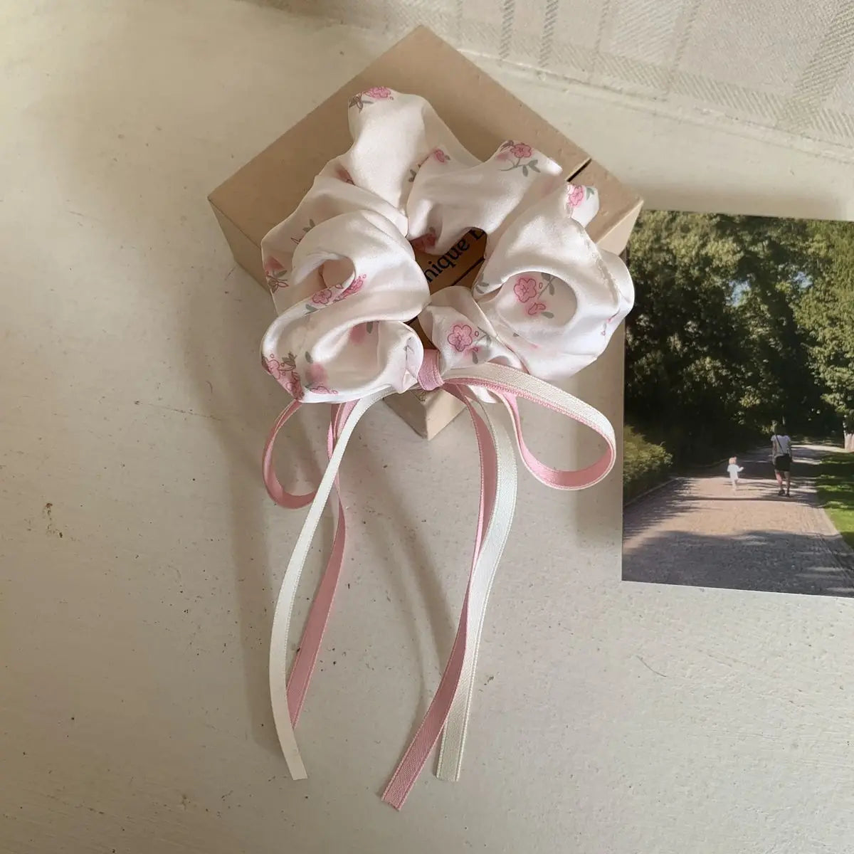 Satin Floral Bow Headband Sweet Girl Double Ponytail Large Intestine Headband Hair Accessory Quake pink